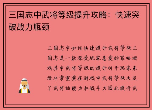三国志中武将等级提升攻略：快速突破战力瓶颈
